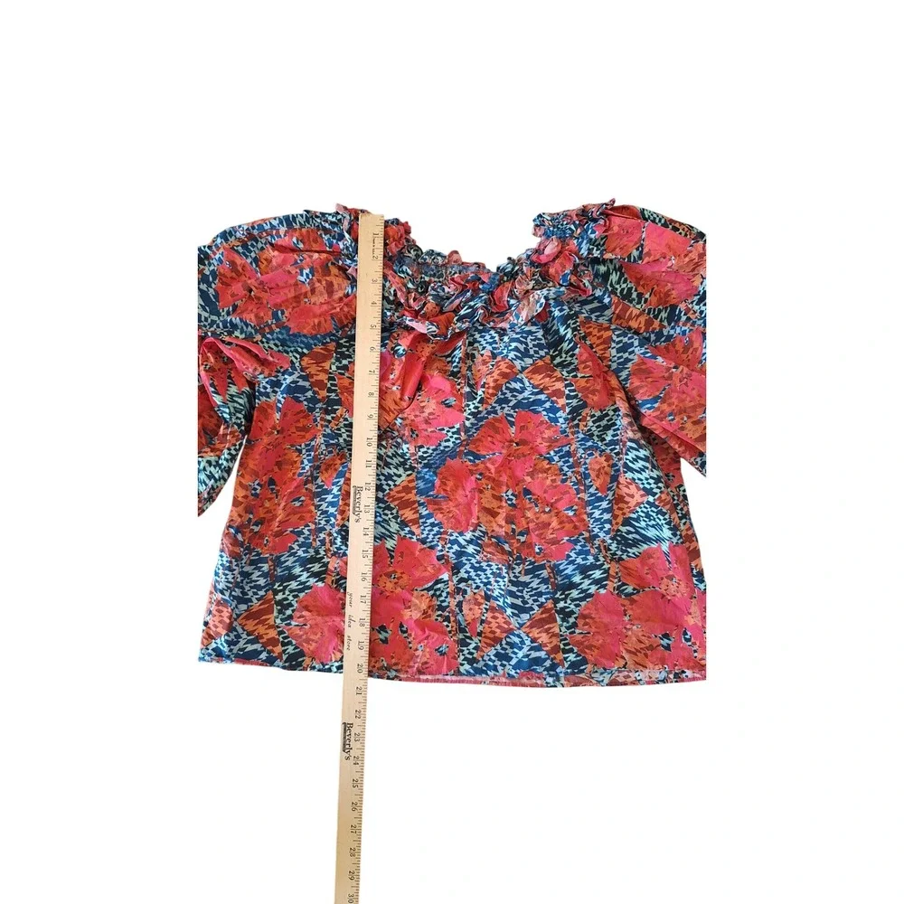 Ulla Johnson Floral Houndstooth Ruffle Neck Puff Sleeve Blouse Red Blue Orange